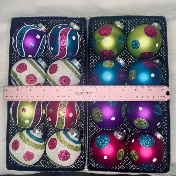 Christmas Ornaments - 16 Glass Glitter Bright Colors Polka Dots Stripes IOB - Picture 4 of 4